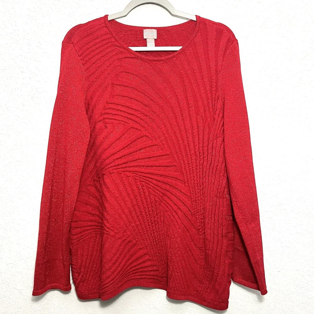 Chicos Red Sparkly Textured Tunic Sweater 3 US XL Relaxed Festive Holiday Party